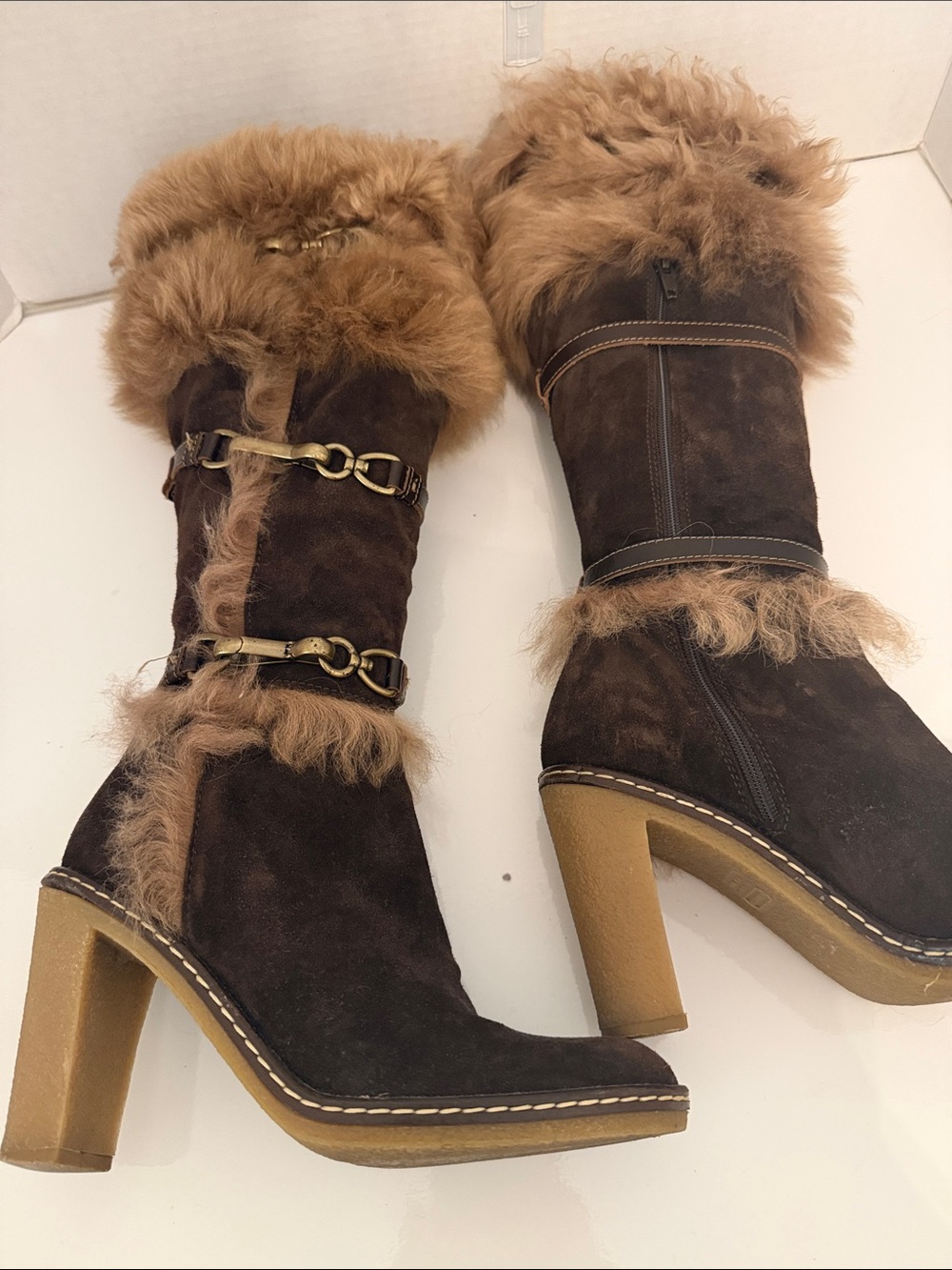 Coach Jessica Brown Suede Fur-Trim Knee Boots with Brass Hardware - Picture 3 of 5